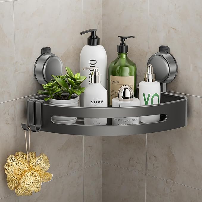 Corner Shower Caddy Suction Cup,Shower Shelves with Hooks,No Drilling Powerful Upgrade Suction Bathroom Corner Organizers and Storage,Removable Waterproof Rustproof Shower Shelf Bathroom Decor(1) by ONXEBornforqualityNeverWasteYourMoney