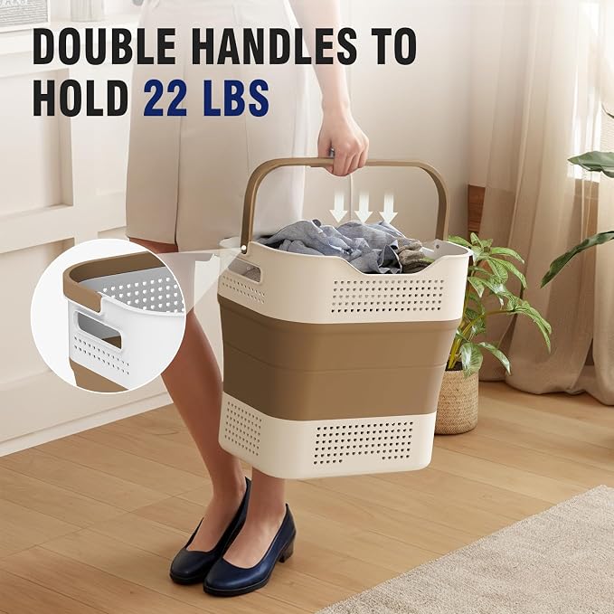 TECHMILLY Collapsible Plastic Laundry Basket Hamper with Handles, 35L Portable Rubber Clothes Basket, Pop Up Storage Container/Organizer with Hanging basket for Washing & Storage, Brown - Image 4