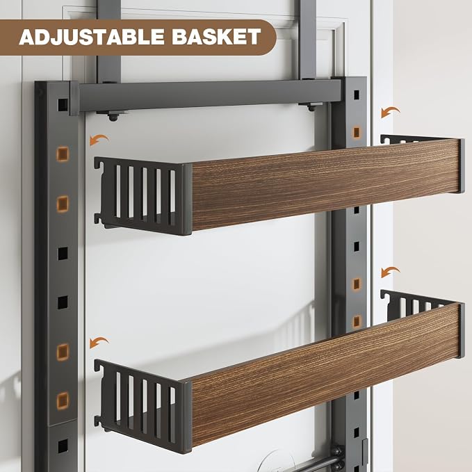 8 Tier Over the Door Pantry Organizer with Adjustable Wooden Baskets, Heavy Duty 2 in 1 Wall Mounted & Hanging Spice Rack for Kitchen, Cabinet and Closet Organization - Image 8