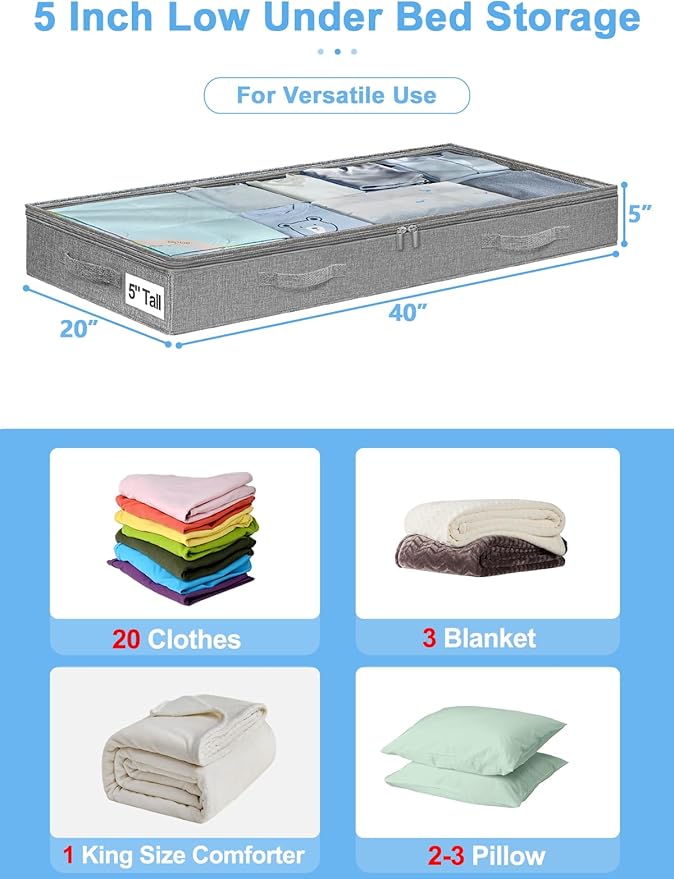 punemi 5 inch High Soft Fabric Low Profile Under Bed Storage, 2 Pack, Grey - Image 2