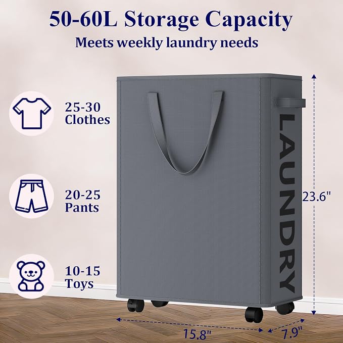Optish 50L Slim Rolling Laundry Basket with Wheels & Removable Bag, Grey - Image 4