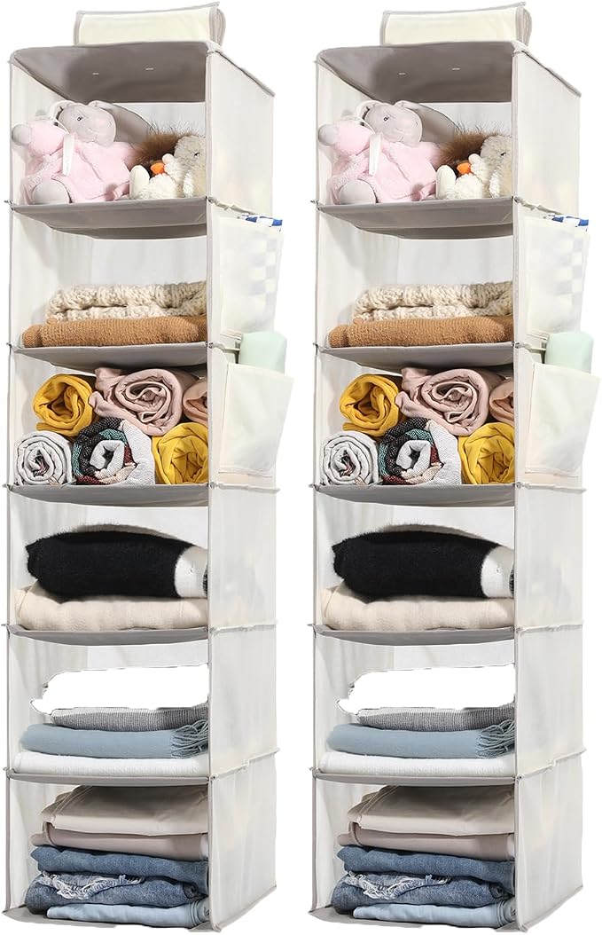 2 Packs Hanging Closet Organizer Storage, 6-Shelf Hanging Shelves Clothes Organizer and Storage with Side Pockets, Beige by WelcometoYRCBEHFU