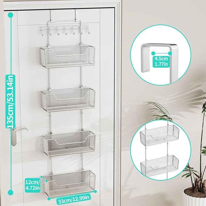 HapiRm Over The Door Organizer - Hanging Door Organizer with 4 Metal Large Capacity Baskets and Adjustable Coat Hook for Bathroom Bedroom Kitchen Pantry Closet Cabinet - Image 3