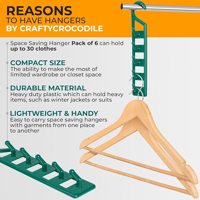 CraftyCrocodile Space Saving Hangers for Clothes - 6 in Pack, Heavy Duty Plastic, Multi Closet Space Savers for Shirts, Pants, Jeans, Sweaters - Hanger Organizer Space Saver - Image 6