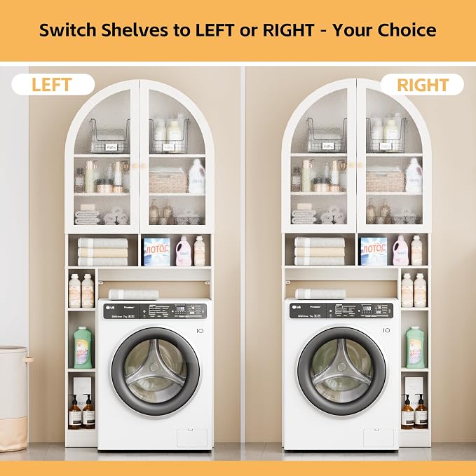 Over The Toilet Storage Cabinet, 29.7”W Modern Storage Cabinet Over Toilet with Acrylic Doors, Arched Freestanding Over Toilet Rack with Adjustable Shelf for Bathroom, White - Image 4