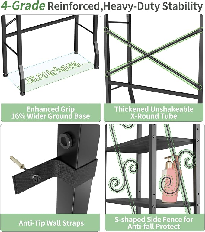 Over-The-Toilet Storage Rack 4-Tier,Bathroom Organizer Shelf Over Toilet,Adjustable Wooden Shelves and Basket,Freestanding Above Toilet Shelf,Space Saver for Rooms(Black Rack-Black Shelves) - Image 4