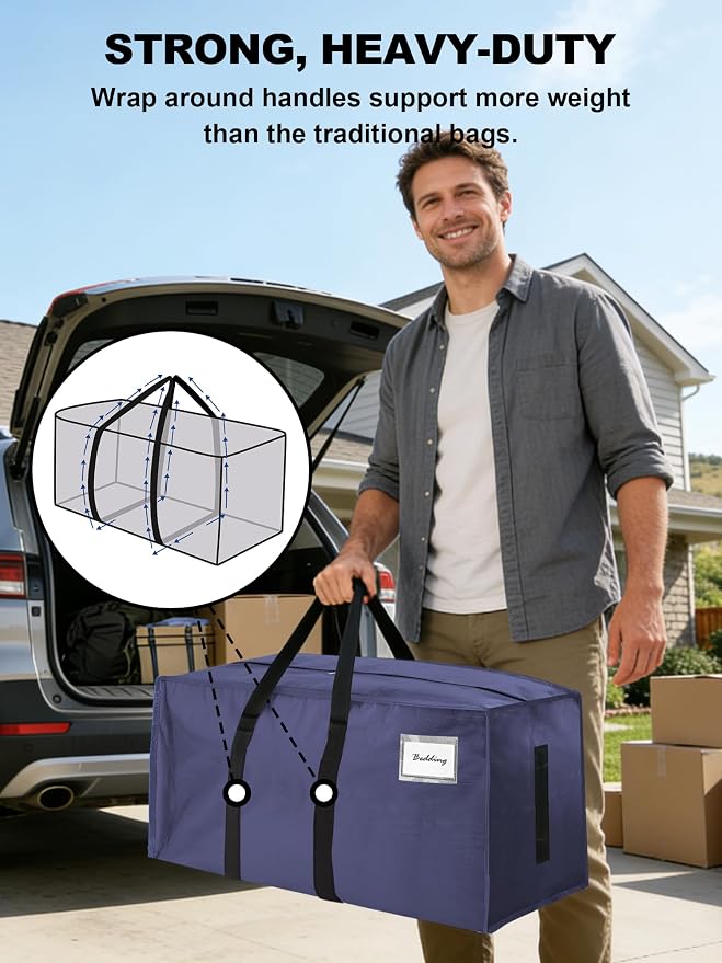 HOMESURE Supports 200lbs Heavy Duty Moving Bags - Strong Zipper & Wrap-Around Handles - Water-Resistant Storage Totes, Durable Alternative to Moving Boxes - 8 Pack - Blue - Image 2