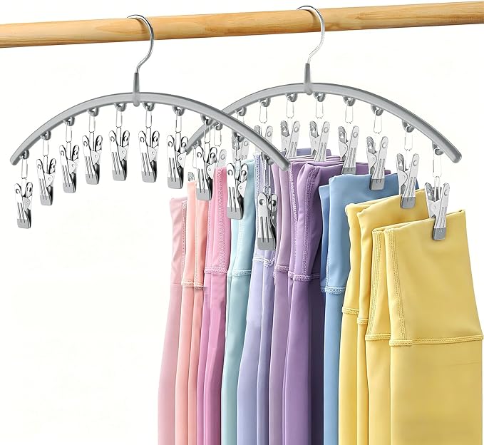 Volnamal Legging Organizer for Closet, Metal Yoga Pants Hanger w/Rubber Coated 2 Pack w/10 Clips Hold 20 Leggings, Hangers Space Saving Hanging Closet Organizer for Closet Organizers and Storage-Grey by Volnamal
