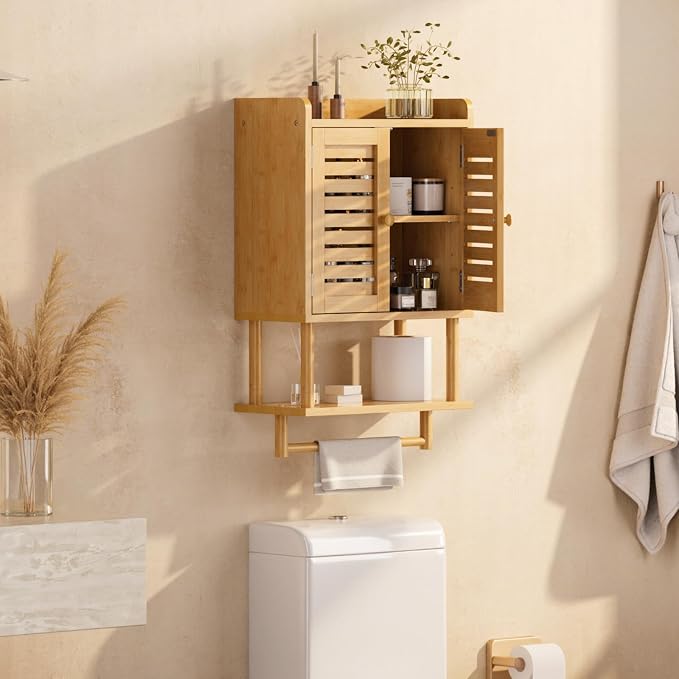AmazerBath Bathroom Wall Cabinet, Bamboo Over The Toilet Storage Cabinet, Hanging Medicine Cabinets with Towel Bar, Wall Mounted Storage Shelf with Adjustable Shelves for Small Spaces - Image 8