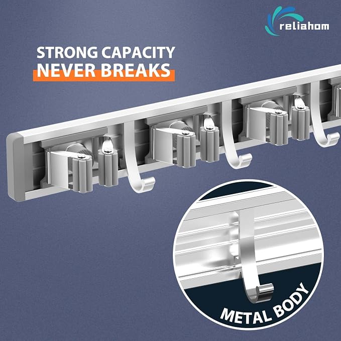 reliahom Broom Holder Wall Mount Mop Hanger Tools organizer 5Racks4Hooks,2P - Image 2