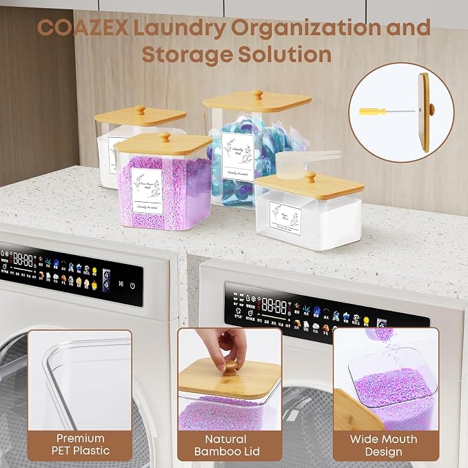 COAZEX 4 Pack Clear Laundry Pods Container & Dryer Sheet Holder,Bamboo Lids - Image 3