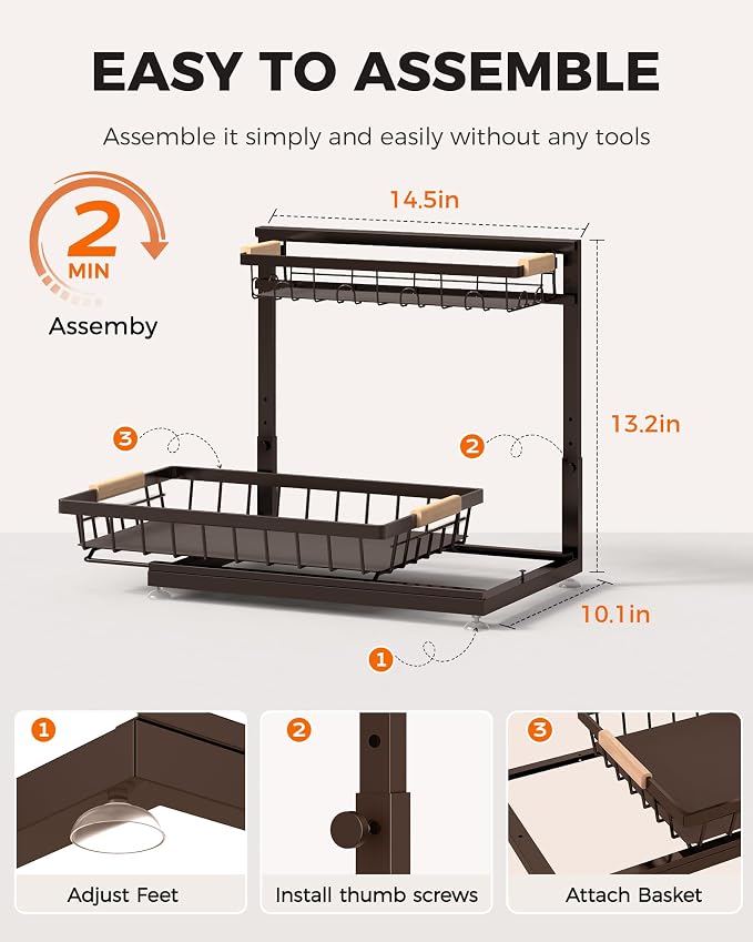 Sevenblue 3-Pack 2-Tier Height Adjustable Under Sink Organizer, Brown - Image 9