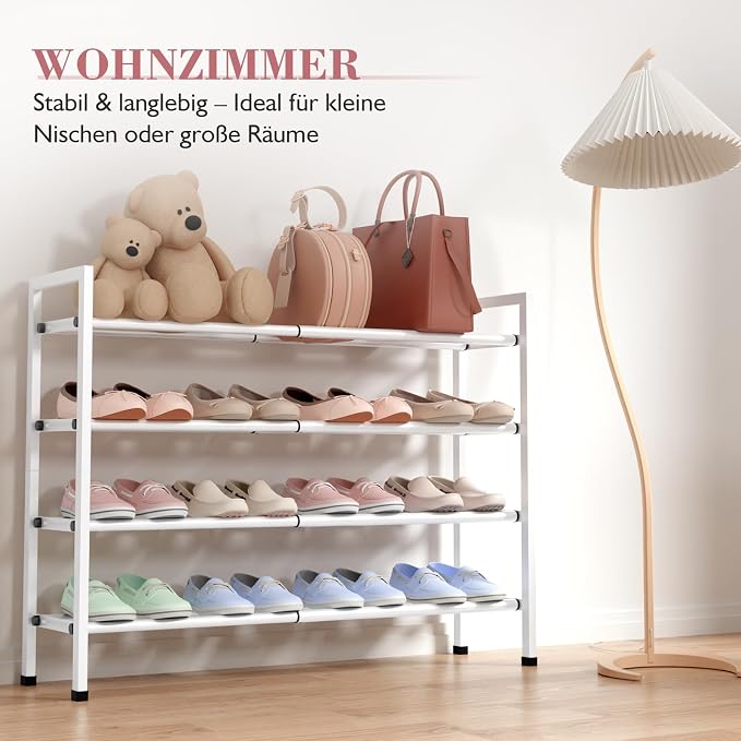 Bumusty 4 Tier Expandable Shoe Rack for Closet, White | 18"-33" Adjustable Shoe Rack for Entryway, Small Shoe Organizer for Dorm, Front Door, Sturdy Metal - Image 4