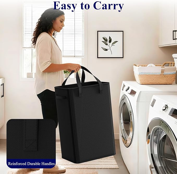 Optish 90L Slim Laundry Hamper, Large Laundry Basket With Handles, Black Narrow Laundry Basket for Dorm, Bedroom, Living Room, Collapsible Laundry Hamper - Image 5