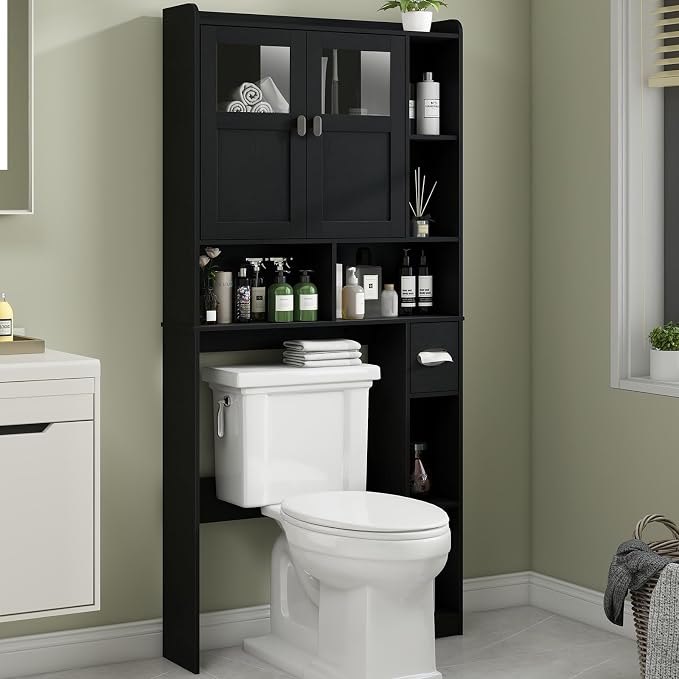 Vabches Over The Toilet Storage Cabinet with Doors and Shelves, Black by Vabches