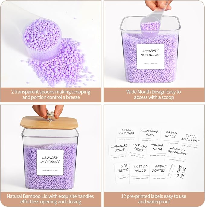 4 Pack Laundry Room Organization Storage Containers, Plastic Clear Laundry Pods Container & Dryer Sheet Holder Jars with Lids, Scoops & Labels for Detergent, Powder, Dryer Balls, Beads - Image 4