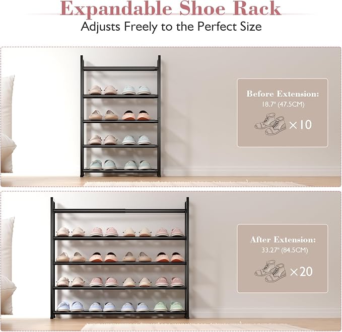 Bumusty 5 Tier Expandable Shoe Rack for Closet, Black | 18"-33" Adjustable Shoe Rack for Entryway, Small Shoe Organizer for Dorm, Front Door, Sturdy Metal - Image 5