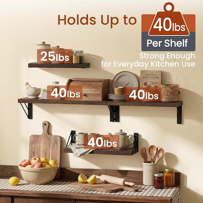 BAYKA Wall Shelves for Bathroom Decor, Wood, Rustic Brown, Set of 4, 16in - Image 4