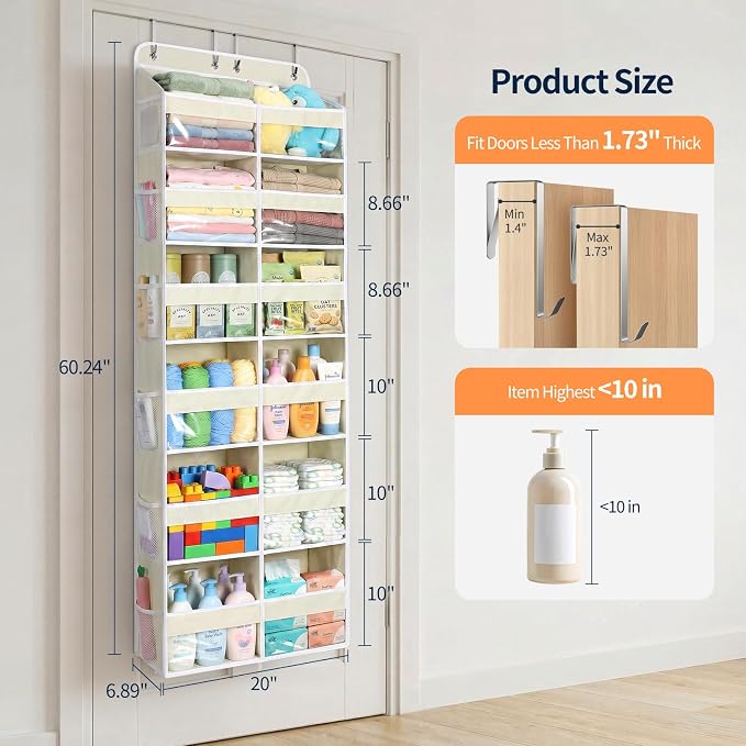 Yecaye 6 Tier Over The Door Organizer, Door Organizer with 12 Compartments | 20" W, Extra Large Behind Door Storage With 12 Side Pockets, 80lbs Heavy Duty, Clear Window, for Closet Bedroom - Image 2