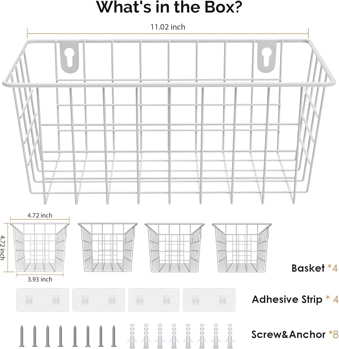 MaraFansie Hanging Wire Baskets Kitchen Storage Basket Adhesive and Screws Basket Over the Cabinet Door Organizer with Adhesive Strips and Screws Accessories, White, 4 Pack - Image 7