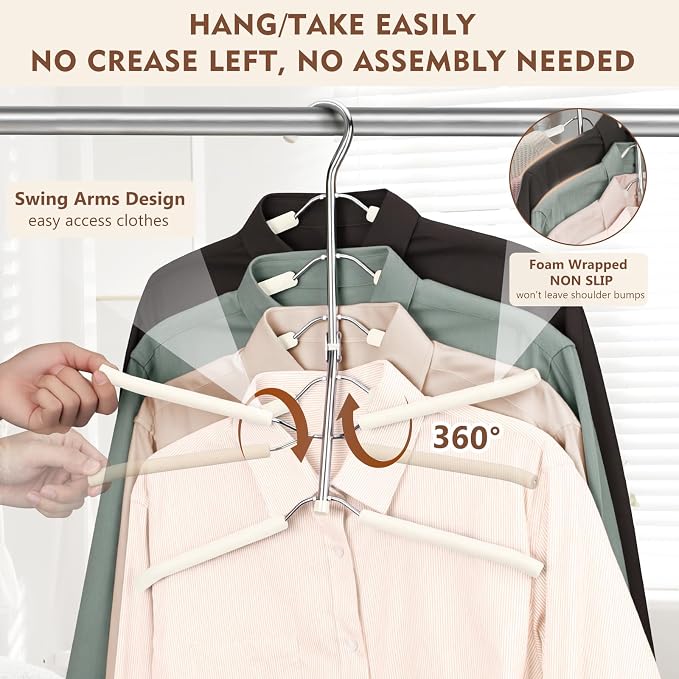 Space Saving Clothes Hangers,6 Tier Non Slip Shirt Hangers Closet Organizer | Space Saving Coat Hanger with Foam Padding,Closet Organizers and Storage for Shirts, Sweaters, Jackets, 3 Pack,Beige - Image 2