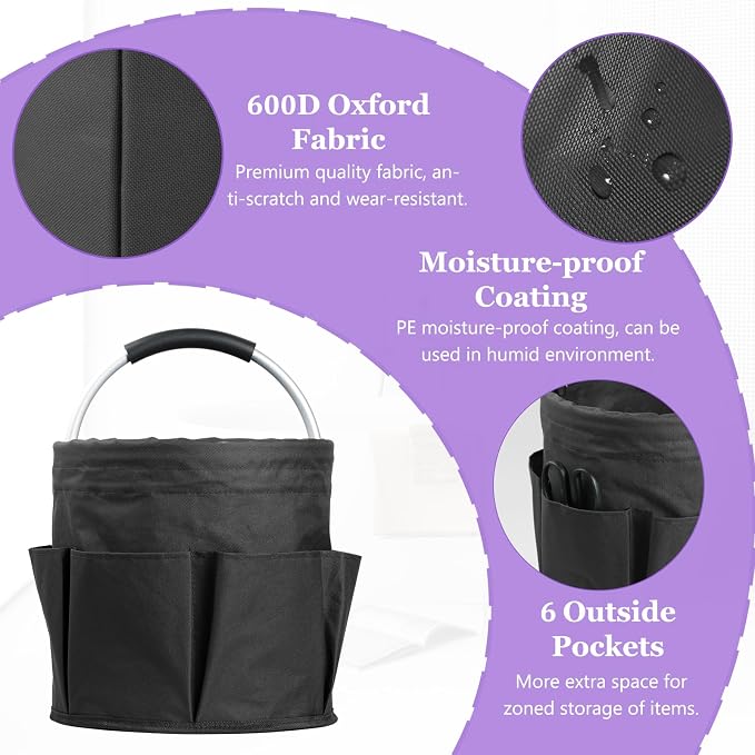 17L Bucket Tool Organizer with 6 Side Pockets, 2Pcs Collapsible Cleaning Caddy with Handle, Folding Gardening Tool Bag, Multifunctional Storage Basket for Garden, Bathroom, Black + Navy Blue - Image 4