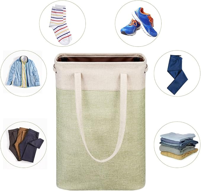 Laundry Basket with Handles Beige&Green Slim Laundry Bin Collapsible Dirty Clothes Basket Narrow Laundry Bag Foldable Dirty Hamper for Camping, Dorms, Apartments - Image 3