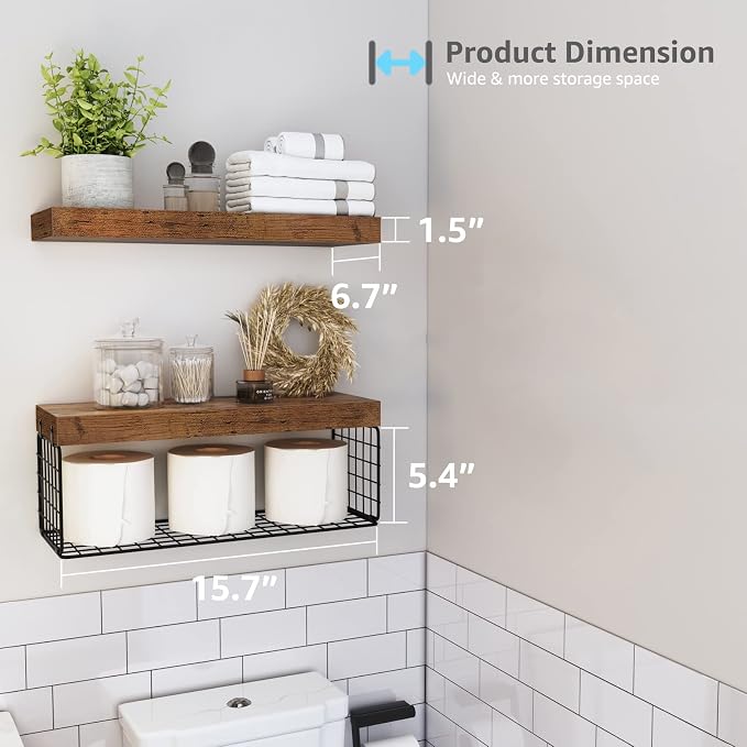 QEEIG Bathroom Shelves Over Toilet - Wall Mounted Floating Shelves Toilet Paper Storage Small Farmhouse Decor Shelf 16 inch Set of 2, Rustic Brown (019-BN2) - Image 3