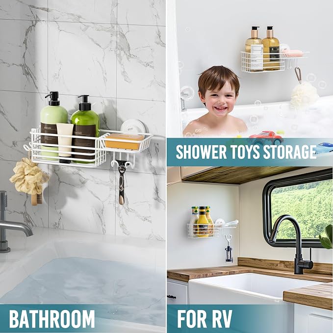 TAILI Shower Caddy Suction Cup with Hooks, No Drill Shower Shelf, White - Image 6