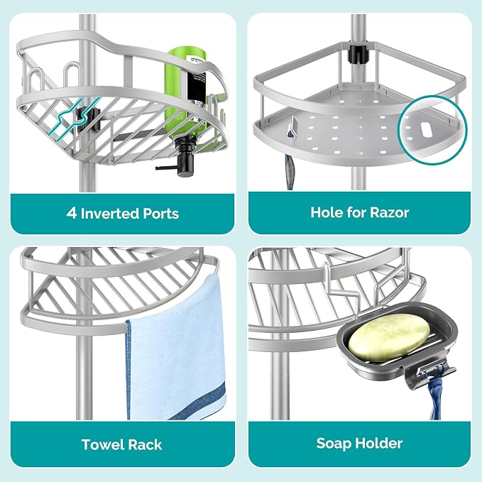 HAMITOR Corner Shower Caddy Tension Pole: Rustproof Stable 4-Tier Bathroom Organizer Shelves for Bathtub Shampoo Storage - 47-121 Inch Quick Install Adjustable Shelf with Soap Rack - Silver Gray - Image 6