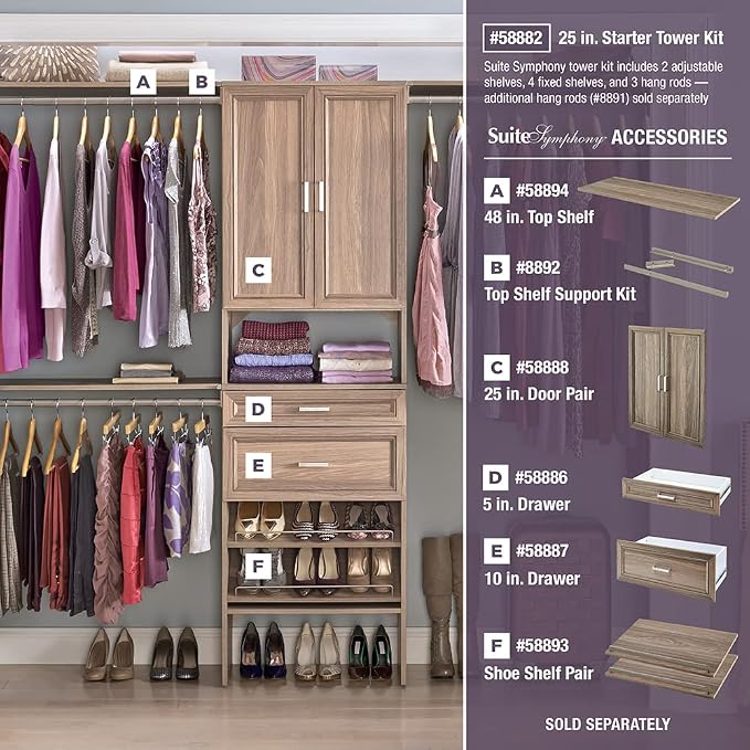 ClosetMaid SuiteSymphony Wood Closet Organizer Starter Kit with Tower and 3 Hang Rods, Shelves, Adjustable, Fits Spaces 5 – 10 ft. Wide, Natural Gray - Image 6