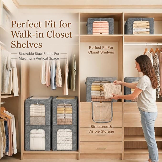 GoMaihe Clothes Storage Bins with Metal Frame for Closet, 40L 6-Pack Grey - Image 8