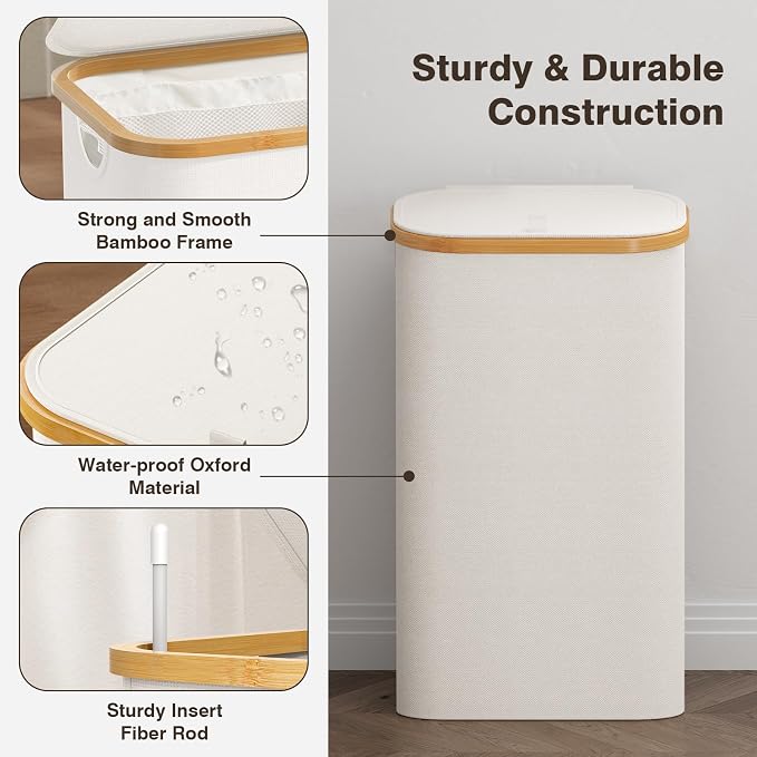 Bathola Laundry Hamper with Lid, Laundry Basket with Removable Bag, Beige - Image 6