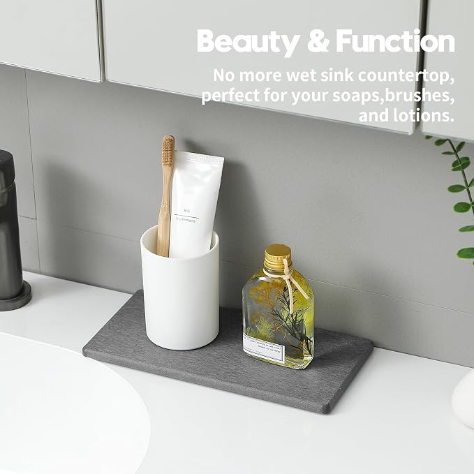 2PCS 10"x 5" Large Bathroom Sink Vanity Trays, Water Absorbing Diatomite Stone Quick Drying Mat for Kitchen Counter, Dish Rack Dispensers Sponge Holder Caddy Organizer, Dark Gray, - Image 3