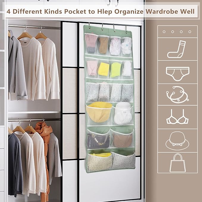 2 Pack-18 Pocekts Over the Door Shoes Organizer,Behind Door Hanging Storage Pocekt for Sock,Underwear,Hat,Handbag,Back of Door Hanging Shelf for Bedroom,Bathroom,Entryway,Storeroom,Pantry,Dorm,Nursery - Image 5