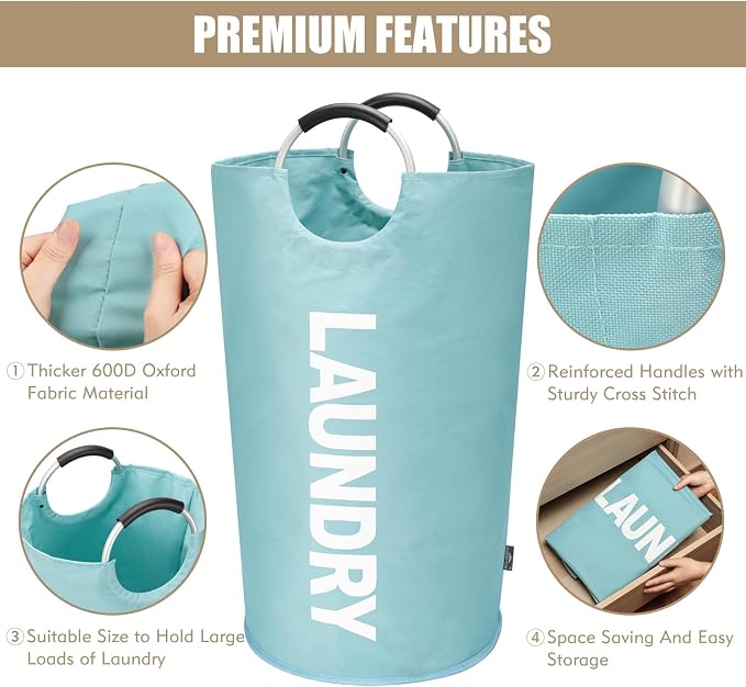 DOKEHOM 90L Large Laundry Basket Bag, Collapsible Tall Hamper, Light Blue - Image 6