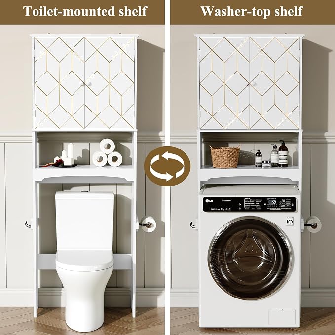 HLR Over The Toilet Storage Cabinet with Gold Trim, Over Toilet Bathroom Organizer with Adjustable Shelves and Toilet Paper Holder, Above Toilet Storage Cabinet Spacesaver for Bathroom(White) - Image 6