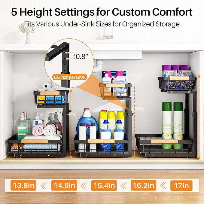 PXRACK Under Sink Organizer, Adjustable Height, 2 Tier Pull Out Under Cabinet Organizer, Slide Out Thickened Metal Under Sink Storage for Kitchen Bathroom Laundry Pantry Cabinet, Black, Large-1-Pack - Image 5