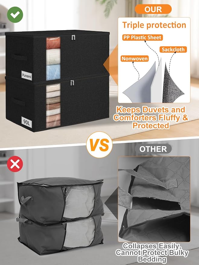 punemi 90L Structured King Size Comforter Storage Bags, 2 Pack, Black - Image 3