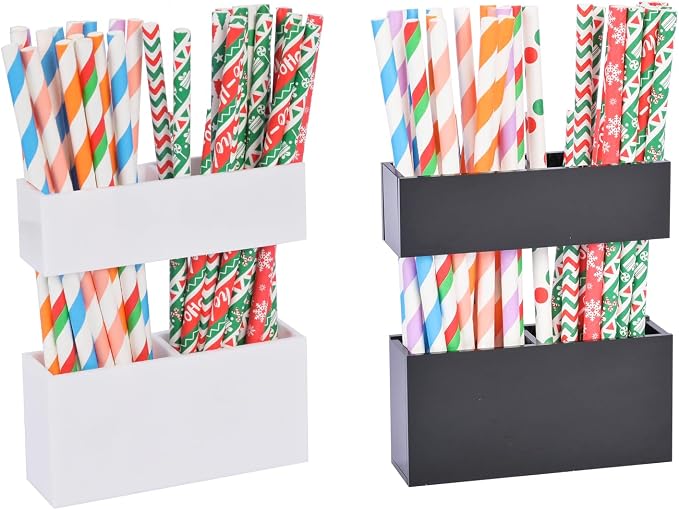 2 PACK Small Acrylic Straw Holder for Cabinet Doors，Straw Organizer Storage with Most Sizes，Multi-Function Kitchen Accessories Container with Adhesive Round Pads(BLACK AND WHITE) by Unknown