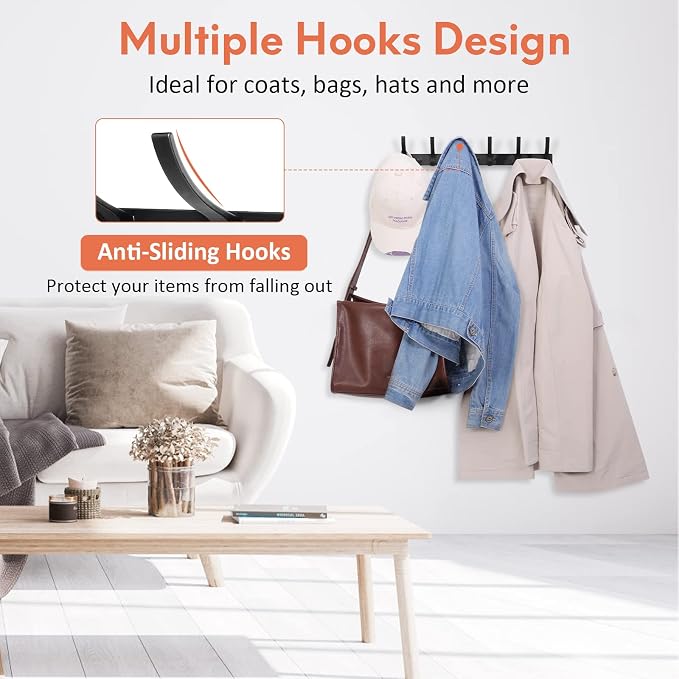 Optish Coat Rack Wall Mount, Wall Hooks for Hanging, Entry Coat Hooks Coat Hanger, Hat Rack Holder for Wall, Key Holder Purse Racks, Towel Rack for Bathrooms (2 Pack, Black) - Image 5