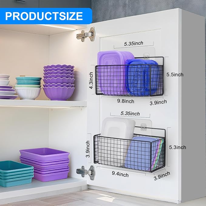 2 Pack Large Adhesive Kitchen Cabinet Door Organizer - Lid Organizer Inside Cabinet Wall Mounted Pantry Door Caddy for Kitchen Containers Lid Kitchen Under Sink Basket - Image 2