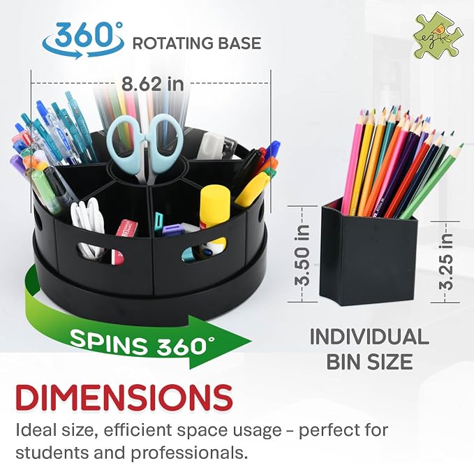 Black Rotating Desk Organizer with Dividers Lazy Susan Caddies for Home School Office Supplies, Pens, Markers and Art Supplies for Classroom - Image 2