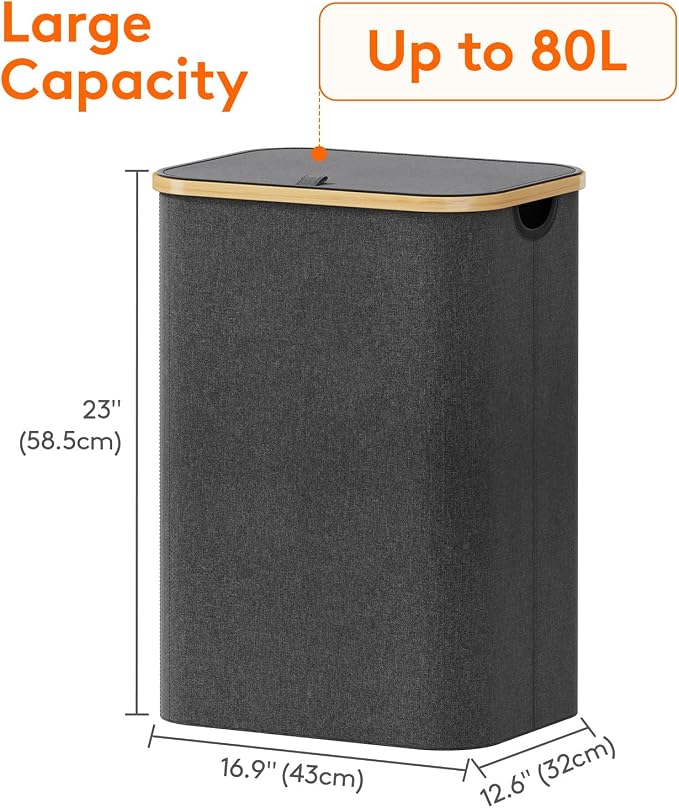 Lifewit 80L Laundry Basket with Lid, Clothes Hampers for Laundry with Bamboo Handles and 1 Removable Bag, Large Foldable Laundry Hamper for Bedroom, Bathroom, Dorm, Laundry Room, Dark Gray - Image 4