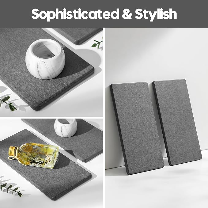 2PCS 10"x 5" Large Bathroom Sink Vanity Trays, Water Absorbing Diatomite Stone Quick Drying Mat for Kitchen Counter, Dish Rack Dispensers Sponge Holder Caddy Organizer, Dark Gray, - Image 6
