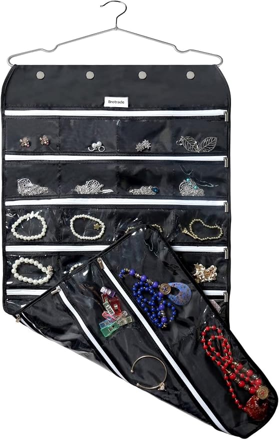BB Brotrade Hanging Jewelry Organizer,Accessories Organizer,56 Zipper Pocket Organizer for Holding Jewelries (Black-Zipper) by BBBrotrade