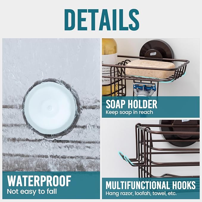 TAILI Shower Caddy Suction Cup with Hooks & Soap Holder, Brown Shower Shelf - Image 5