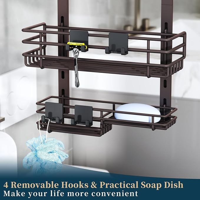 Consumest Over The Door Shower Caddy - 5 Tier Adjustable Shower Organizer Hanging with 2 Toothbrush Holders & 4 Hooks, Rustproof Organizer Shelf, Storage Rack for Bathroom, Bronze - Image 7