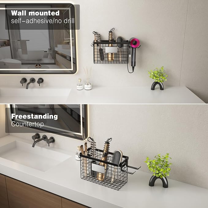 Voldra Hair Dryer Holder Cabinet Door, Adhesive Hair Tool Organizer Wall Mount Adjustable Height Blow Dryer Holder Under Sink/Countertop for Flat Curling Iron, Hair Brush and Straightener (1, Black) - Image 7