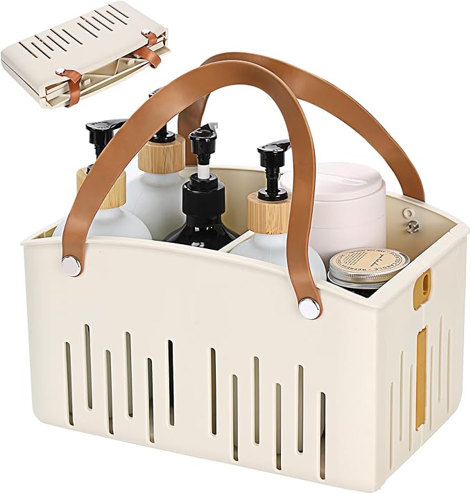 Portable Shower Caddy Collapsible Plastic Shower Basket Tote with Handles Removable Divider, Cleaning Caddy Storage Organizer for Bathroom College Dorm (White) by Homiton